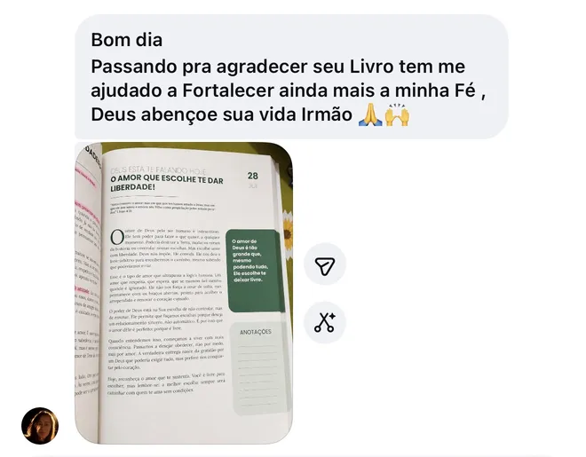 Print de leitora agradecendo, com foto do livro
