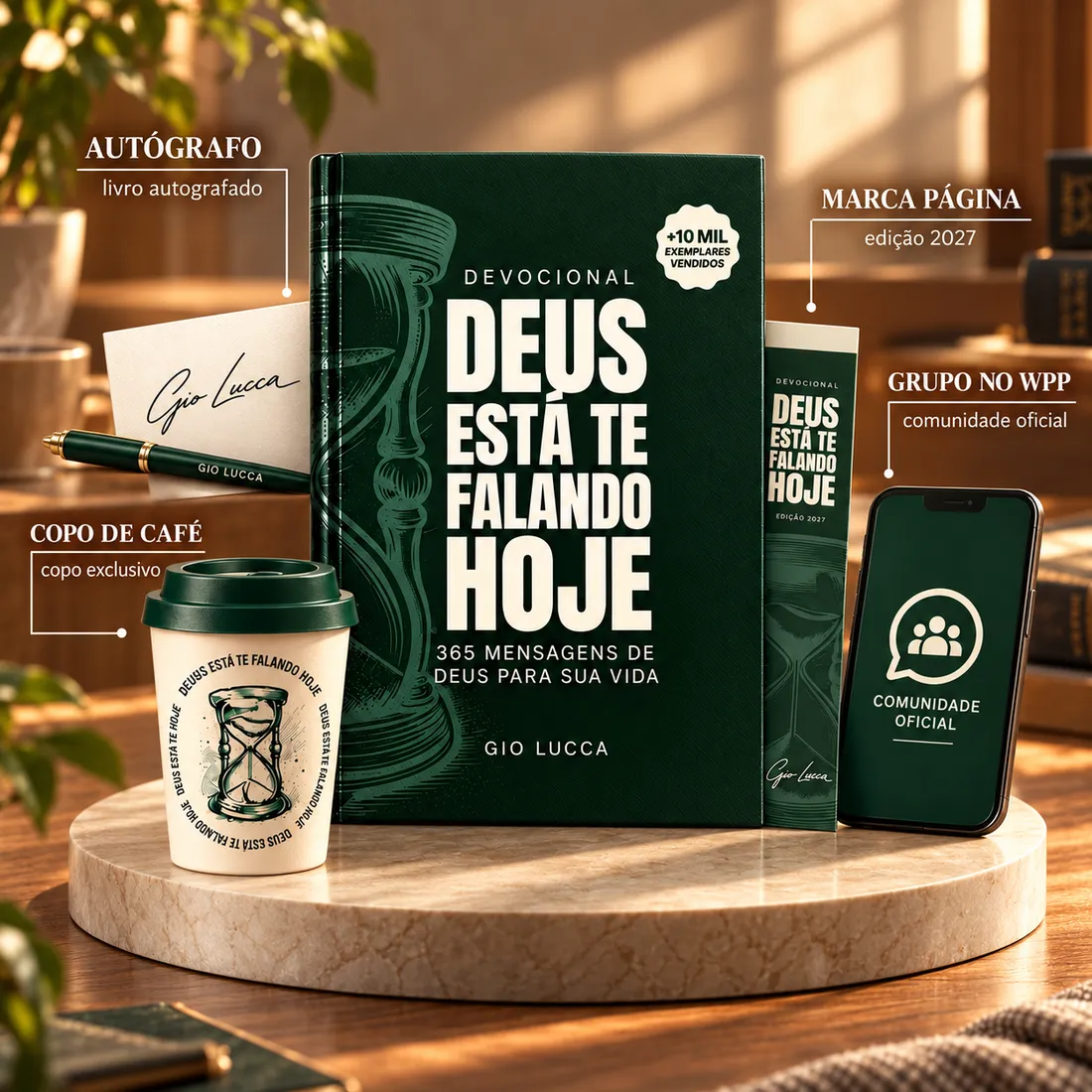 Kit da pré-venda: devocional autografado, copo, marca-página e comunidade no WhatsApp